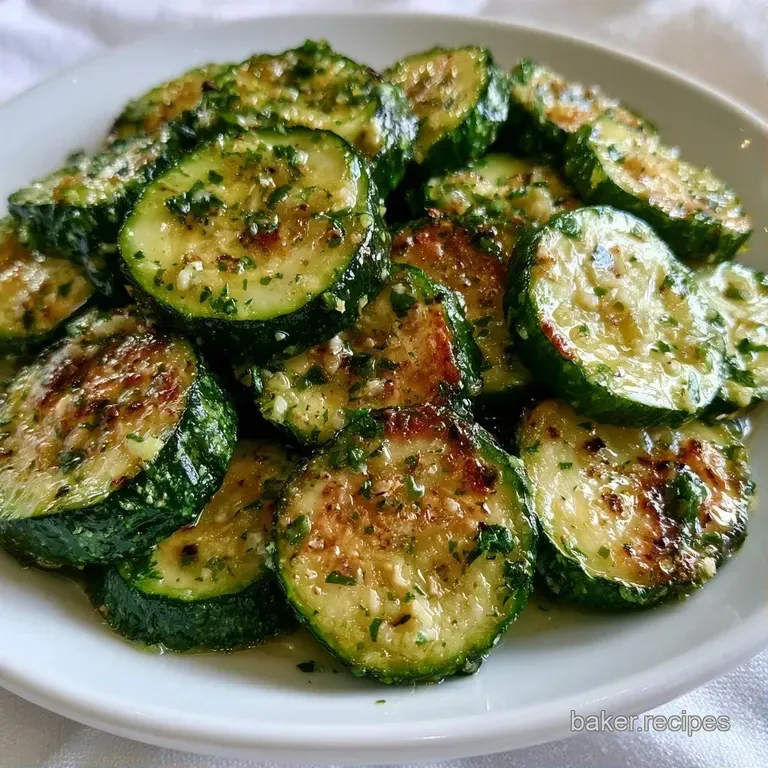 Vibrant green zucchini rounds neatly stacked on a white ceramic plate, garnished with fresh parsley and black pepper.