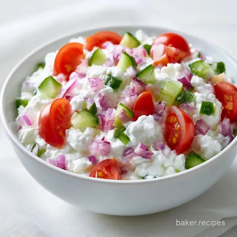 Neatly arranged diced cucumbers and red peppers over a creamy white base in a ceramic bowl on a linen napkin.