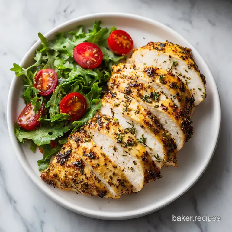 Elegant plate with tender turkey slices artfully arranged, drizzled with rich pan juices.