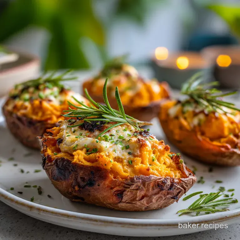 Elevated view of a twice baked sweet potato half, skin slightly crisp, topped with fluffy filling and a sprig of fresh, br...