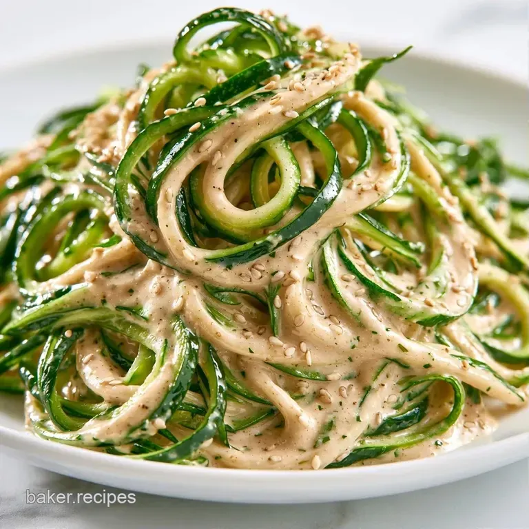 Swirls of vibrant green vegetable noodles on a white platter, accented by toasted seeds and a shimmering glaze.