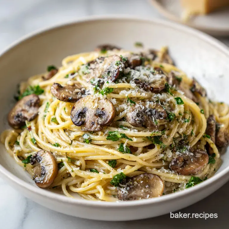 Elegant plate of mushroom pasta, steam rising, garnished with vibrant parsley sprigs and a dusting of parmesan cheese.