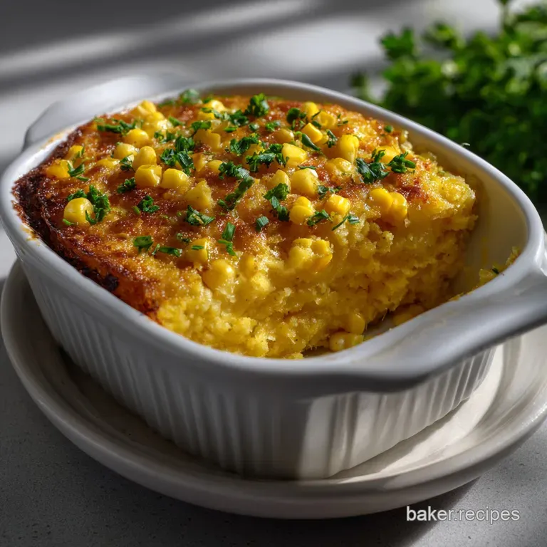 Creamy corn casserole served in an elegant white bowl, garnished with a sprig of parsley. The bright yellow color pops att...