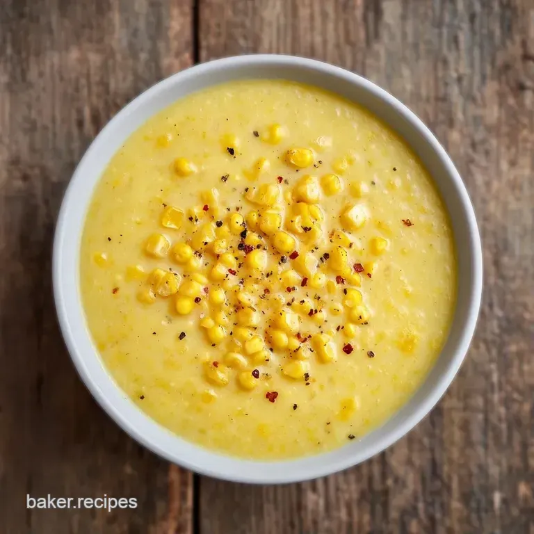 Smooth pale yellow soup in a white porcelain bowl, topped with micro-greens and served with toasted sourdough bread.