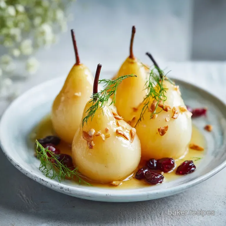 Crimson poached pear, glistening with wine, rests on creamy mascarpone; dusting of cocoa powder & mint sprig complete the ...