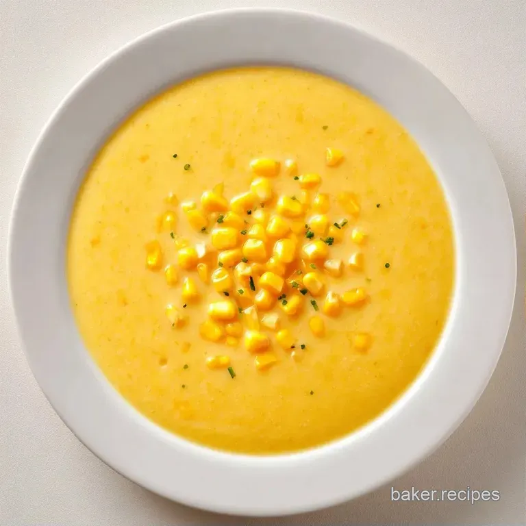 Pale gold corn soup in a modern ceramic bowl beside a toasted sourdough slice and a silver spoon on a linen cloth.