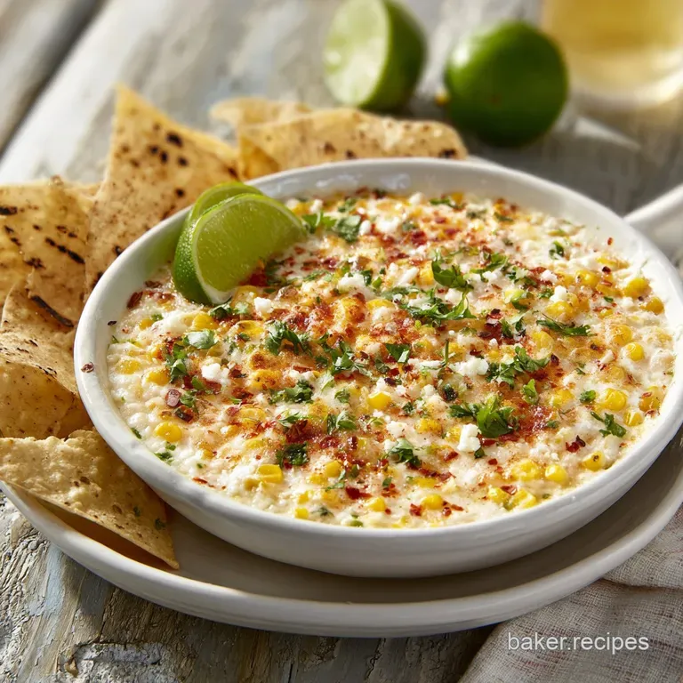 Scoops of vibrant corn dip artfully arranged on a white plate, garnished with cilantro, paired with golden-brown tortilla ...