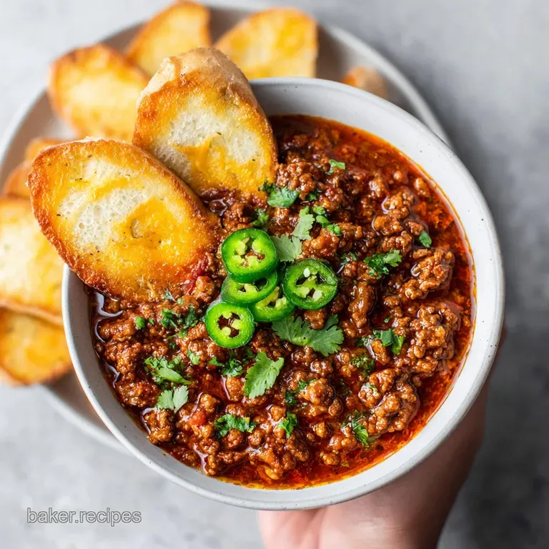 Creamy, meaty Sloppy Joe dip ladled onto a toasted bun half, with visible steam rising and melted cheese.