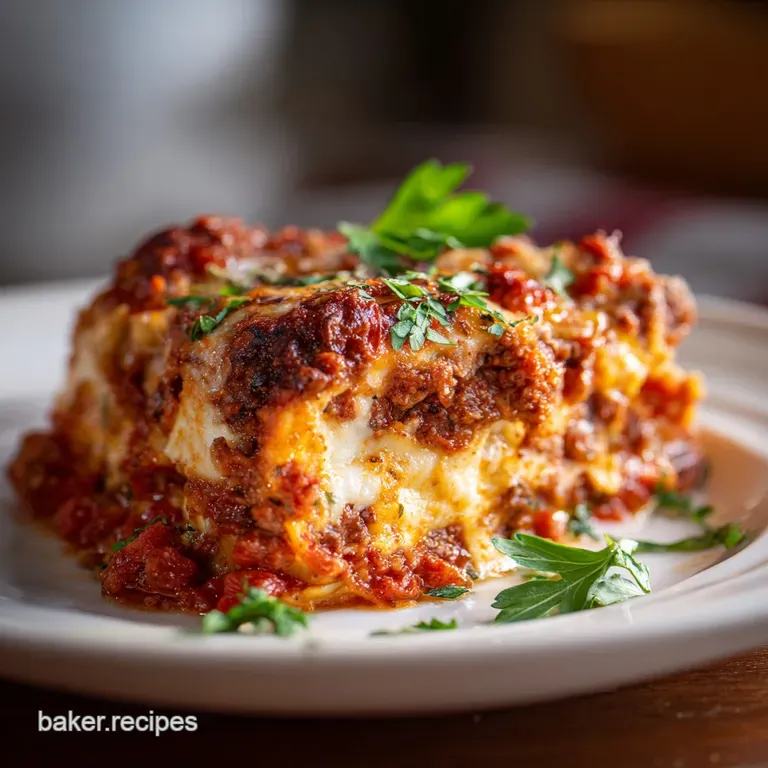 A perfectly portioned slice of hearty lasagna, revealing creamy ricotta and tender pasta layers.