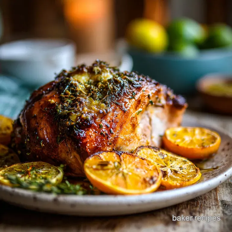 Slices of juicy turkey breast plated with bright orange citrus, herbs, and glistening pan juices on a clean, white plate. ...