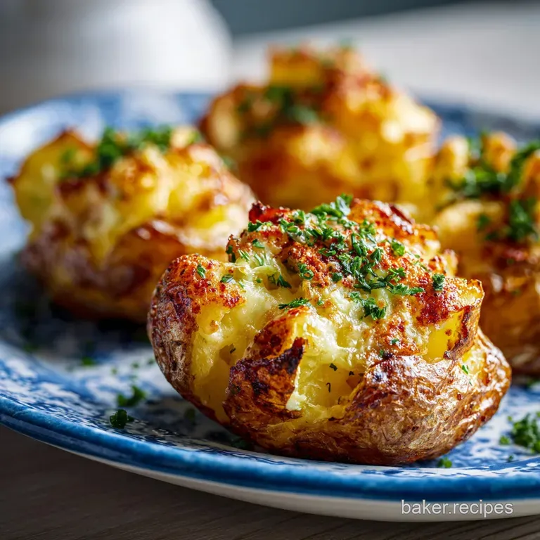 Crispy golden potato rounds with bubbly melted cheese arranged on a rustic slate platter with fresh green herbs.