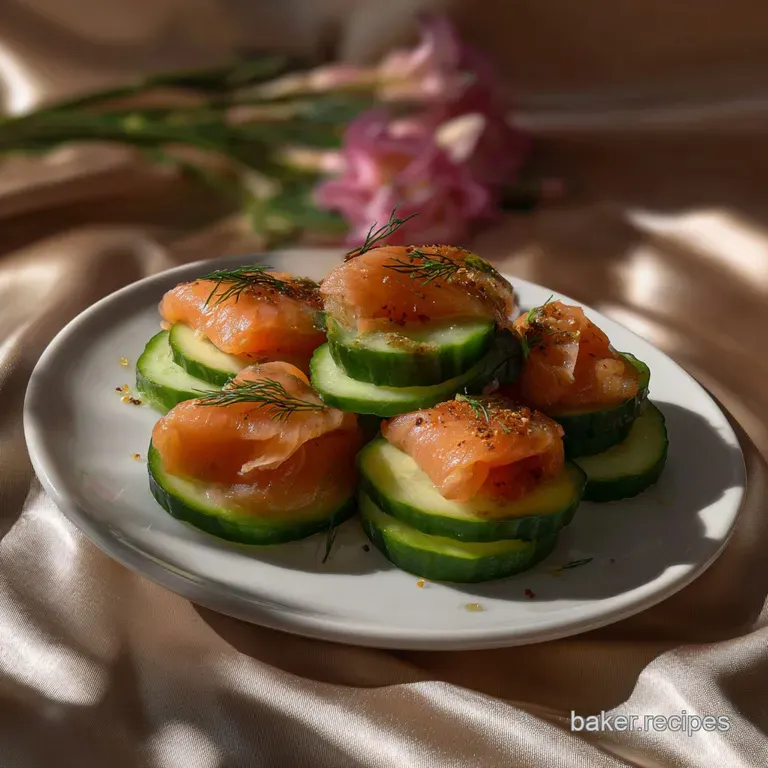 Elegant arrangement of cucumber rounds and salmon hearts on a white plate. A light, airy dish with a hint of smoky flavor.