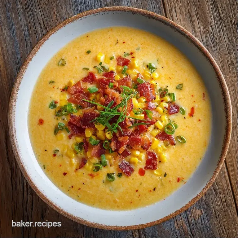 A rustic ceramic bowl filled with thick yellow soup, topped with fresh green chives and a slice of crusty bread.