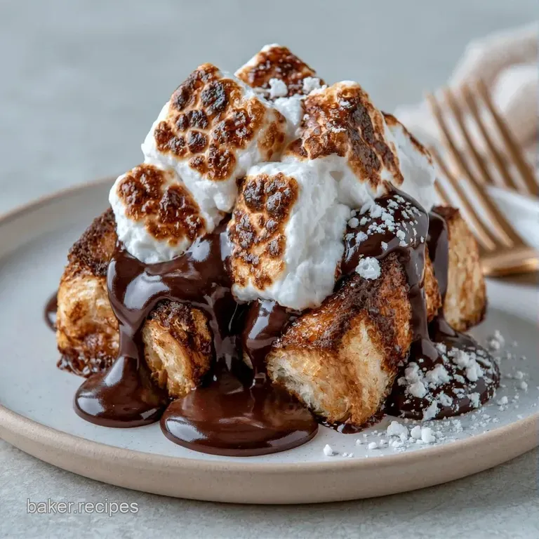 A thick slice of golden-brown toast on a ceramic plate, drizzled with dark chocolate and topped with a toasted puff.