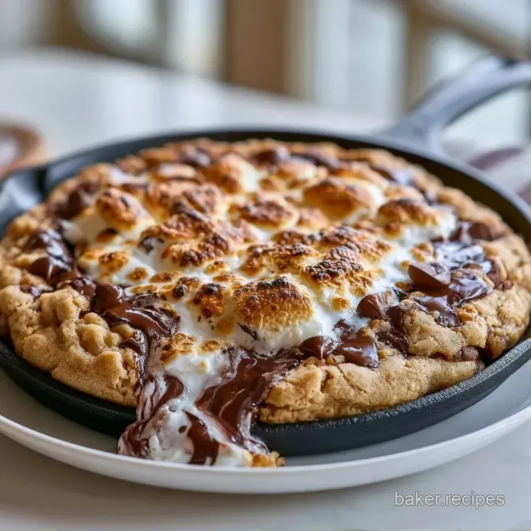 Toasted marshmallow cookie in a skillet paired with a scoop of melting vanilla ice cream on a rustic wooden board.