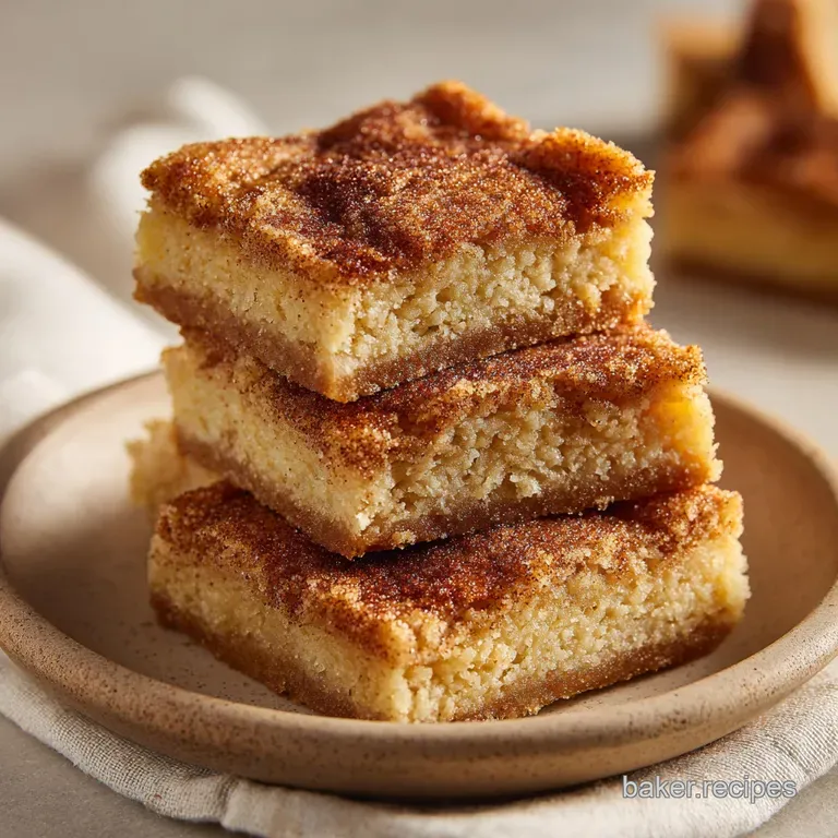 A neat stack of golden cinnamon dessert squares topped with whipped cream and a dusting of ground cinnamon.