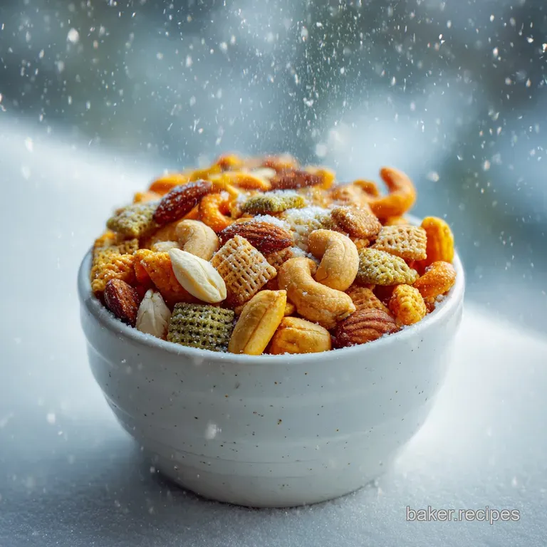 Snack mix served in a clear glass bowl. White powdered sugar coating is visible. Festive candies add colorful pops to the ...