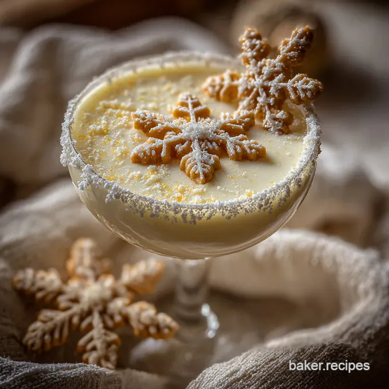 Elegant martini in a stemmed glass. Sugared rim creates a frosty, wintery vibe, complemented by a delicate snowflake garnish.