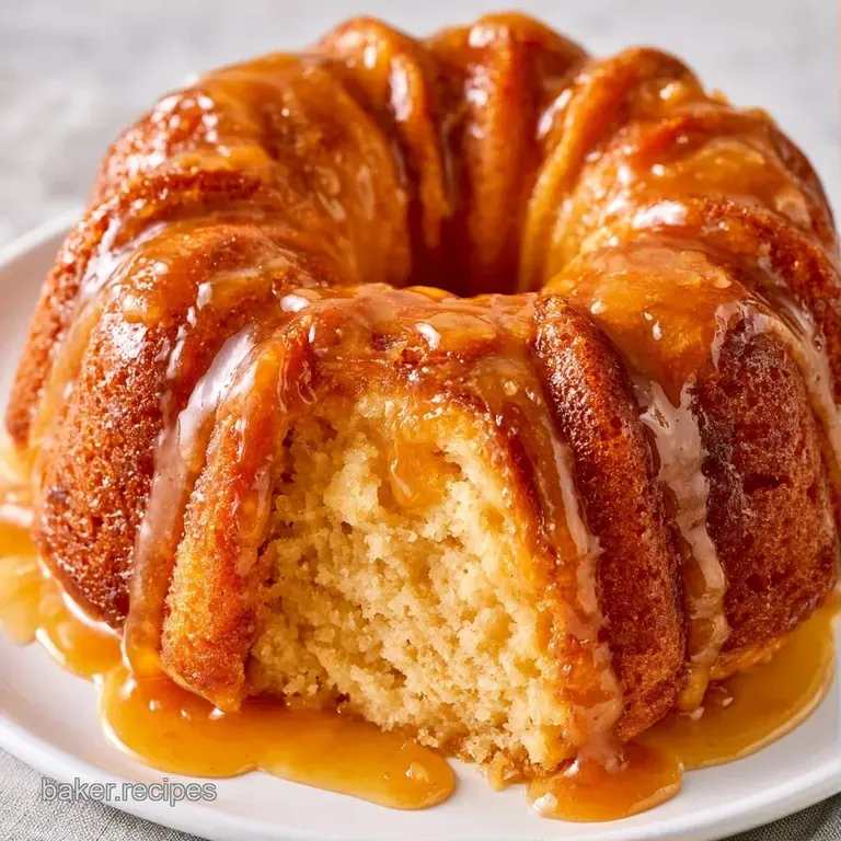 A moist slice of golden cake with embedded apple pieces, drizzled in rich caramel on a minimalist white plate.