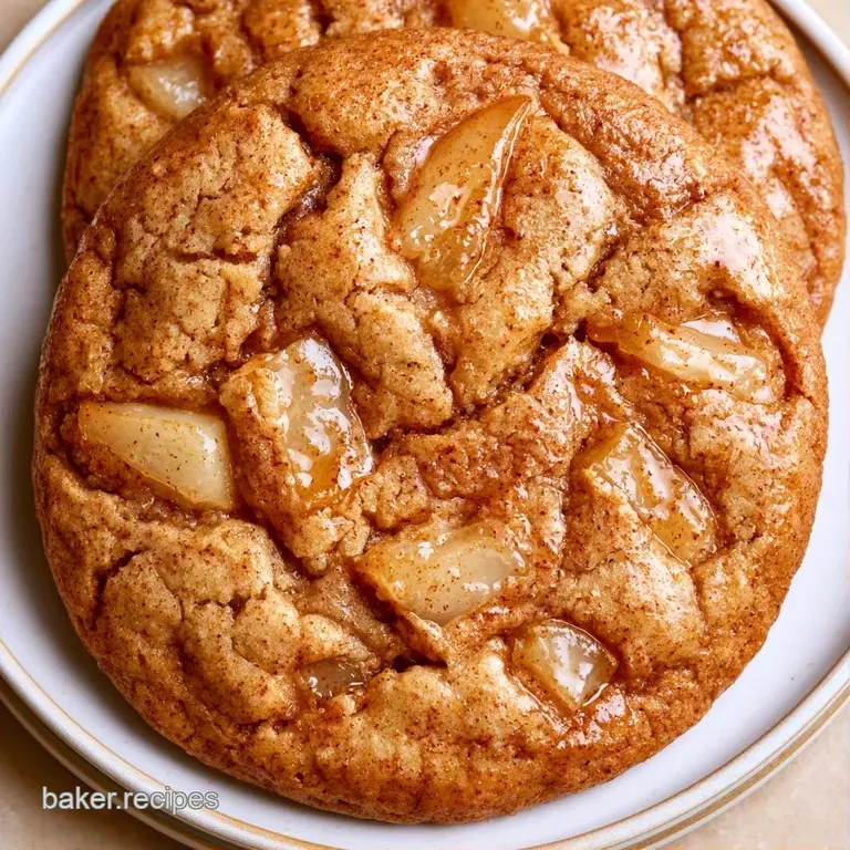 Three golden-brown cookies stacked neatly on a white ceramic plate, dusted with cinnamon and a side of fresh pear.