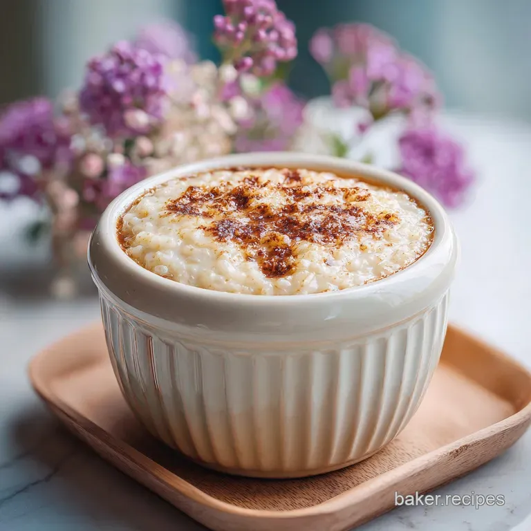 Elegant ramekin filled with creamy rice pudding. Notice the smooth, glossy surface and sprinkle of spice.
