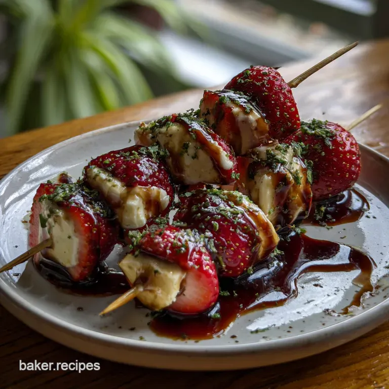 Elegant, artful arrangement of skewered strawberries, mozzarella, and basil with balsamic drizzle, presented on a wooden s...