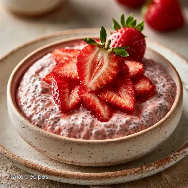 Elegant glass jars of pale pink creamy pudding topped with vibrant red strawberry slices and fresh green mint.
