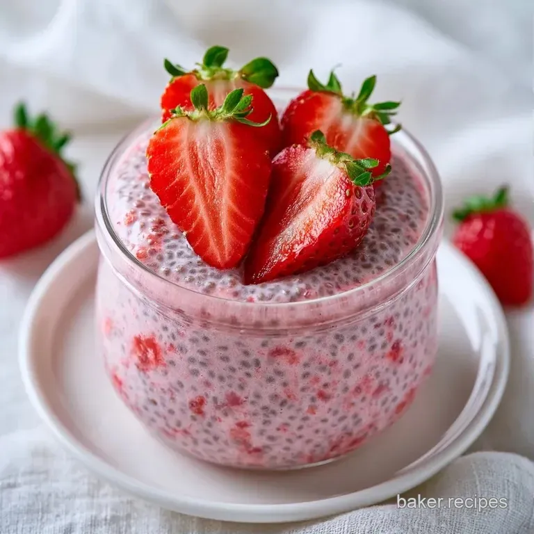 Elegant glass jars filled with speckled pink pudding, topped with sliced berries on a clean marble tabletop.