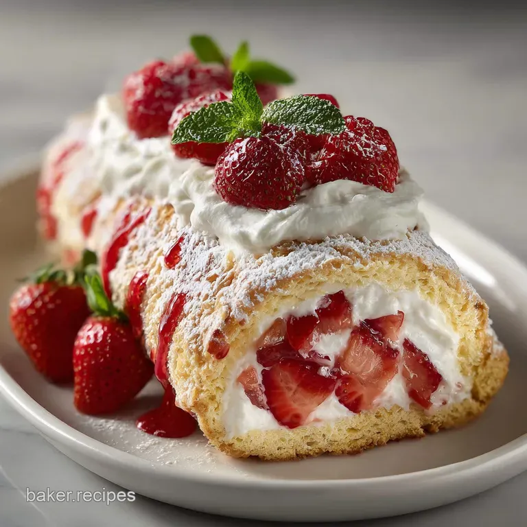 Elegant slice of shortcake roulade on a white plate; fresh strawberries & mint garnish against a soft-focus background hin...