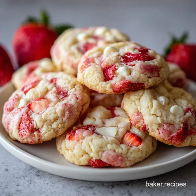 Delicate strawberry white chocolate cookies stacked on a white plate, dusted with powdered sugar, and garnished with fresh...