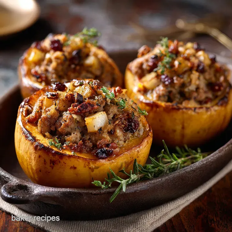 The Sunday Roast Stuffed Acorn Squash with Savoury Sausage Pecan presentation