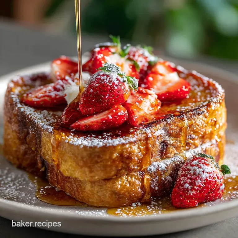 Stack of golden French toast triangles oozing creamy filling, adorned with fresh berries and a delicate mint sprig on whit...