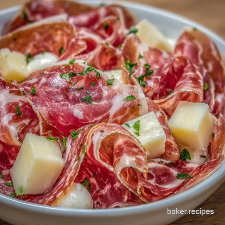 An elegant spread of rolled prosciutto, bright red peppers, and artisanal cheeses arranged on a light wood platter.