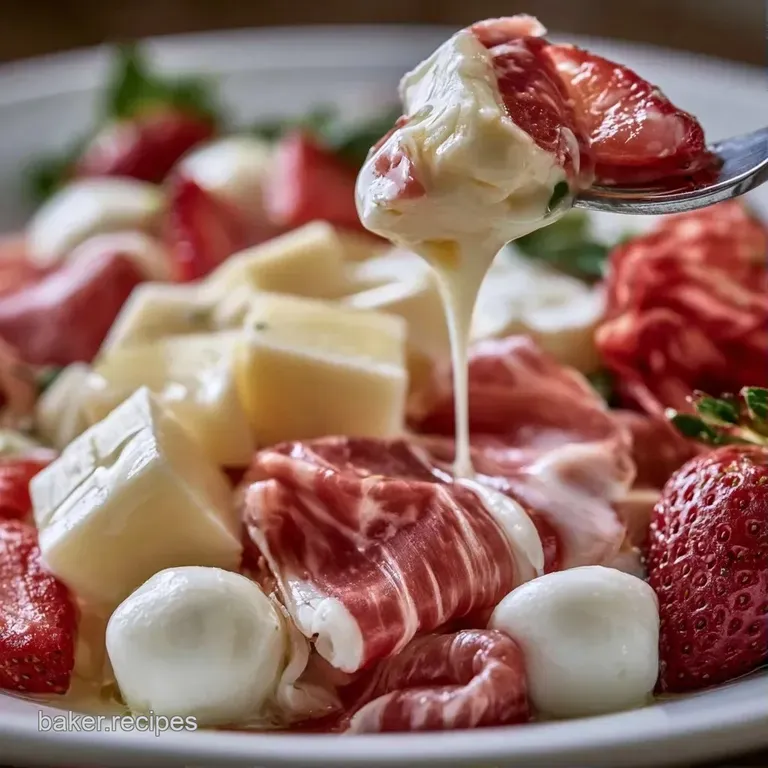 Neatly arranged clusters of red grapes and golden crackers surrounding a bowl of honey on a polished wood surface.