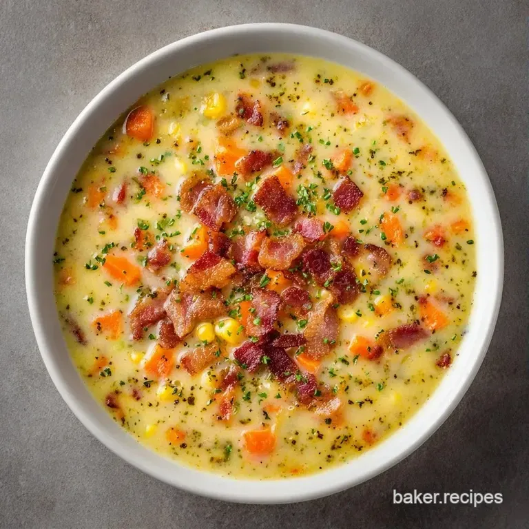 A white porcelain bowl filled with golden soup, garnished with fresh chives and crispy reddish-brown bacon.