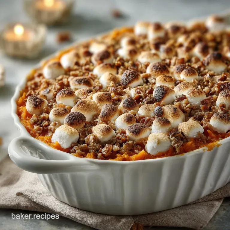 Slice of sweet potato casserole on a white plate. Toasted pecans and marshmallow bits add texture. Soft focus background.