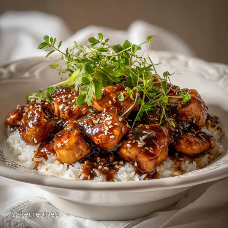 Elegant plate featuring glazed teriyaki chicken, steamed rice, and a side of bright green broccoli florets, drizzled sauce.