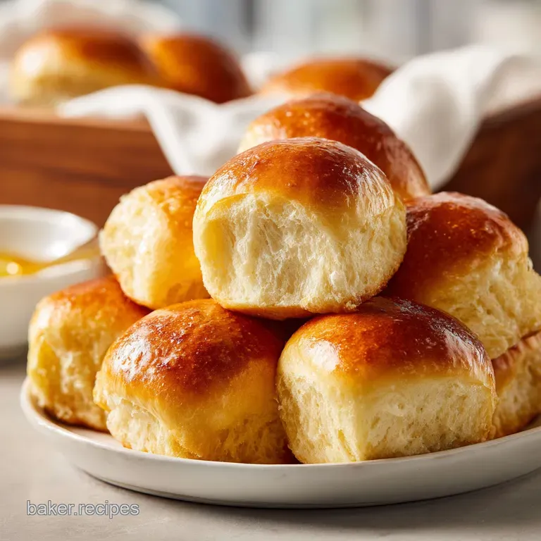 Soft, fluffy rolls served elegantly on a rustic wooden board with a side of honey butter.