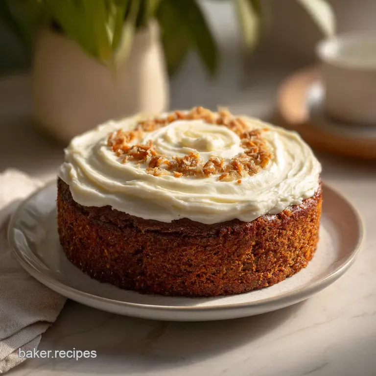 A generous slice of spiced carrot cake with thick, creamy frosting, artfully arranged with a scattering of candied carrots.