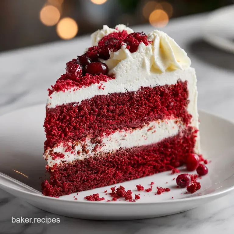 A generous slice of vibrant red cake revealing a moist crumb, artfully plated with a swirl of cream.