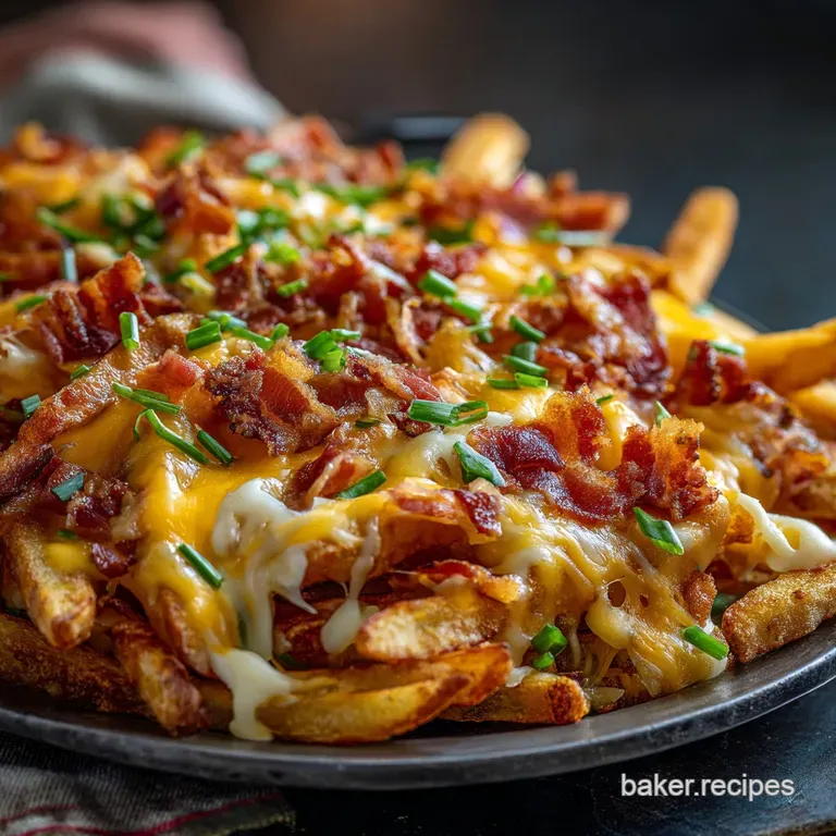 Loaded Fries: the Full Monty Recipe with Aged Cheddar Sauce and Bacon presentation
