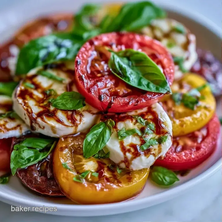 Overlapping slices of red tomato and white mozzarella on a white plate, drizzled with dark balsamic and olive oil.