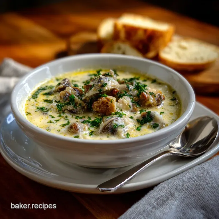 Silky oyster stew in a white bowl, garnished with parsley, served on a wooden table, warm, inviting tones with a subtle sh...
