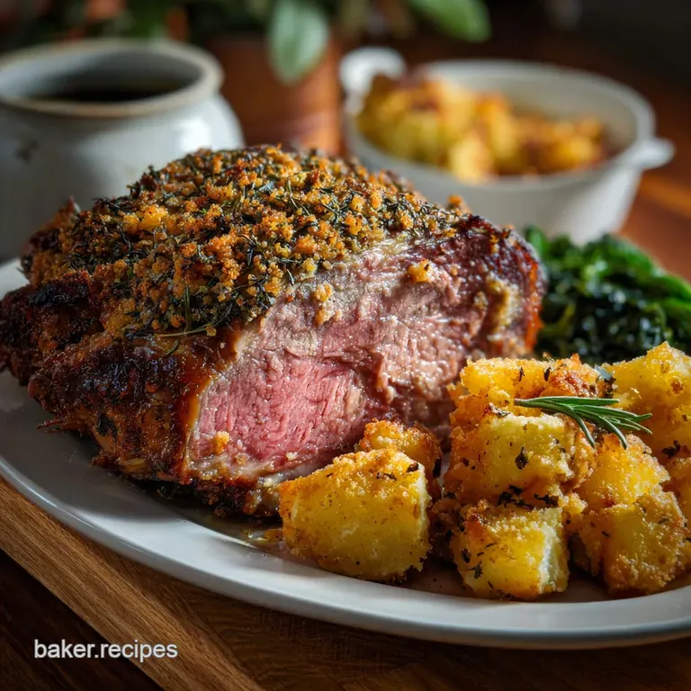 Elegant plate featuring a thick-cut slice of perfectly pink prime rib, artfully arranged with creamy mashed potatoes and a...