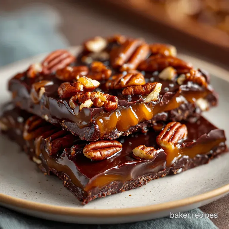 Neatly stacked chocolate fudge squares paired with crisp caramel wafers on a minimalist ceramic white serving plate.