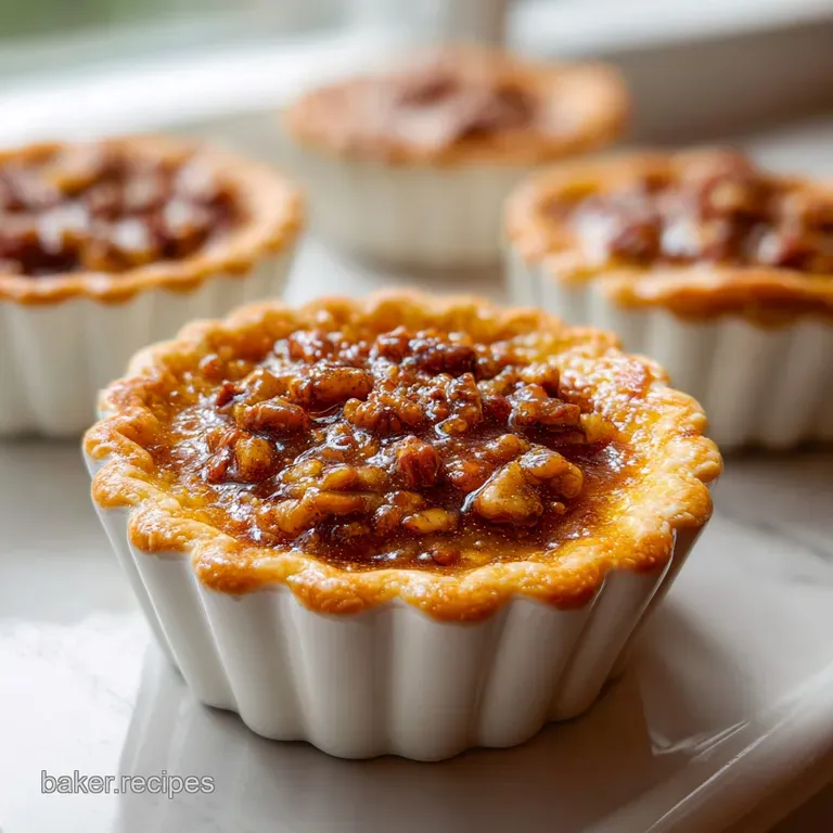 Mini buttery pastry shells filled with glossy caramel and pecans arranged on a white platter with a linen napkin.