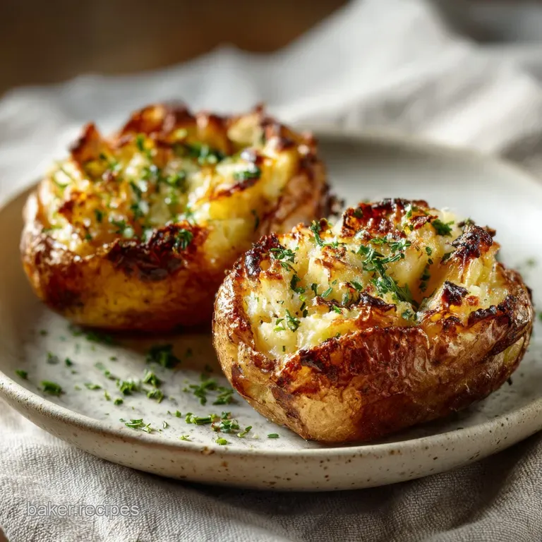 Elevated twice-baked potato: creamy filling peaks from its crisp skin, sprinkled with chives and served on a white plate.