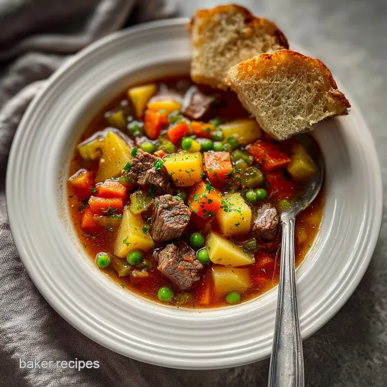 Steaming bowl of vegetable beef soup with a bright bay leaf garnish; rustic bread adds a cozy, comforting feel.