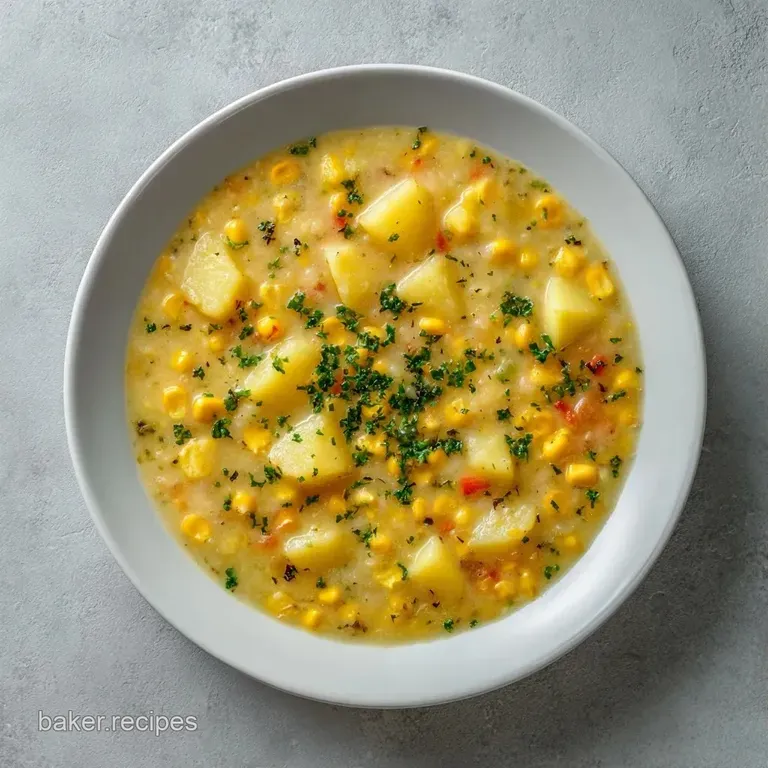 A steaming white bowl of thick golden soup topped with a swirl of cream and a sprig of bright green parsley.