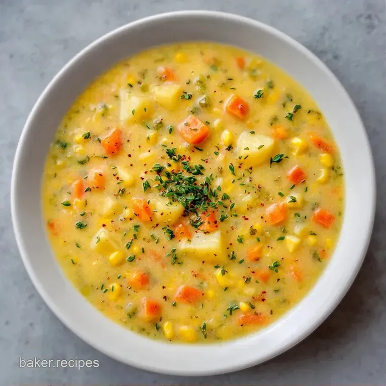 A white porcelain bowl of thick yellow soup topped with a swirl of heavy cream and finely chopped green chives.